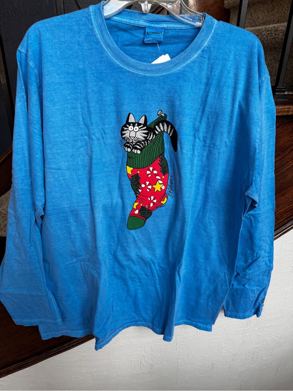 XXL NEW Blue Long Sleeve B. Kliban Crazy Shirts Hawaii Cat Christmas Stocking - Picture 6 of 11